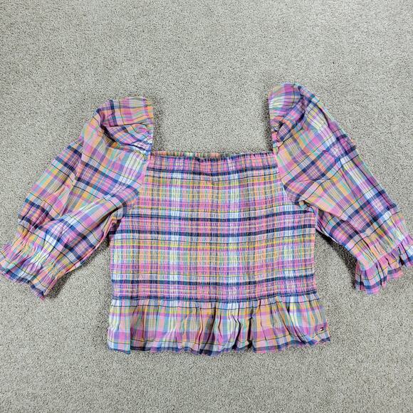 Tommy Hilfiger Smocked Plaid Top Womens XL Pink Puff Sleeve Cropped Peplum New - Picture 1 of 13
